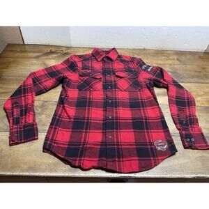 Angry Minnow Fireball Flannel Shirt Mens Small Red & Black Buffalo Plaid Check